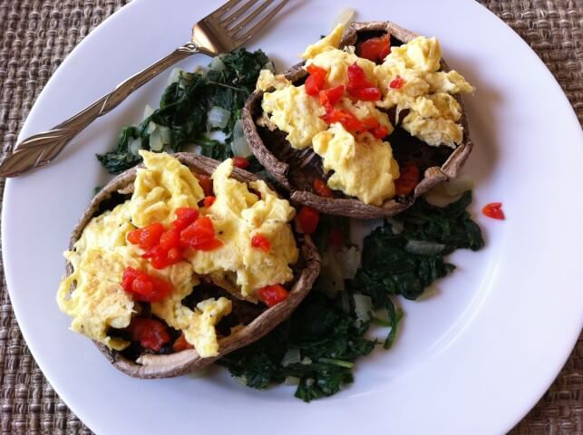 Portobello Mushrooms with Scrambled Eggs, Spinach and Roasted Red Peppers 