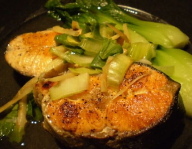 recipe for seared salmon steaks with sesame ginger bok choy