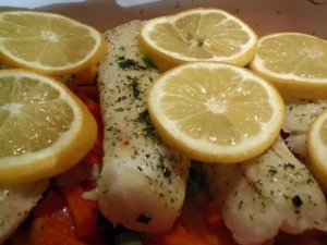 recipe for veggie-steamed fish with yogurt dill sauce