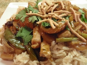 recipe for pork and vegetable stir-fry over brown rice