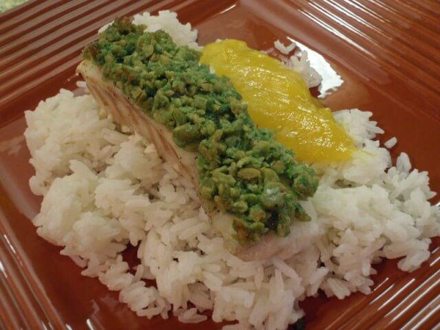 photo of Wasabi Pea Crusted Ono with Mango Coulis and Coconut Rice