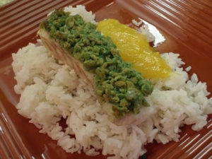 recipe for wasabi pea crusted ono with mango coulis and coconut rice