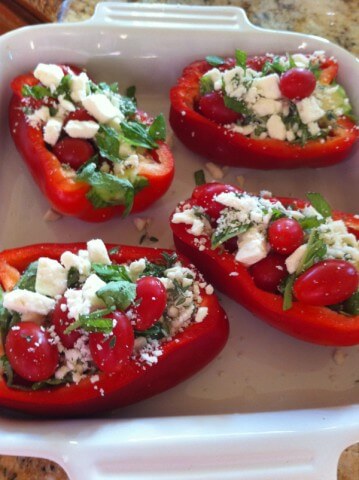 recipe for baked stuffed red peppers with cherry tomatoes, feta, and thyme