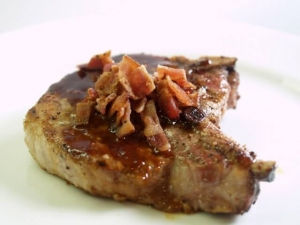 recipe for browned pork chops with bacon and bourbon-molasses glaze