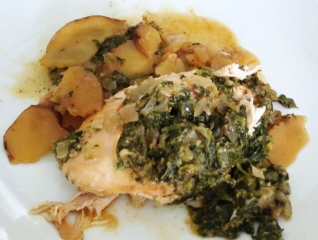 recipe for spinach and pesto-stuffed chicken breasts with red potatoes