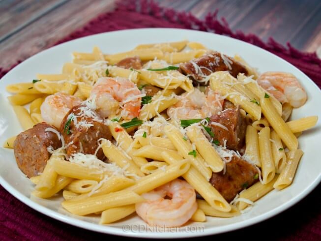 Spicy Italian Sausage with Shrimp and Pasta Recipe | CDKitchen.com