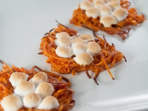 recipe for sweet potato latkes with maple syrup and marshmallows