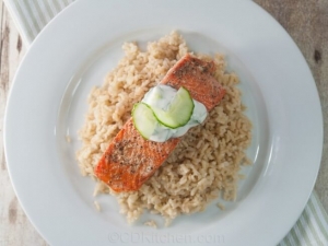 recipe for slow roasted salmon with brown rice and cucumber yogurt