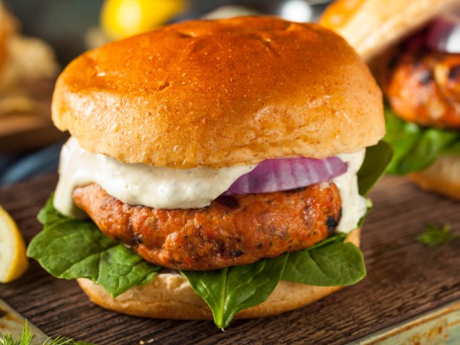 Salmon Burgers with Pickled Red Onion Recipe | CDKitchen.com