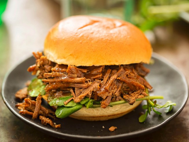 Slow Cooker Mile-High Shredded Beef Sandwiches