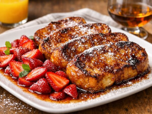 recipe for creme brulee french toast with drunken strawberries