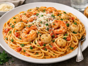 recipe for linguini with shrimp and bay scallops in a creamy tomato vodka sauce