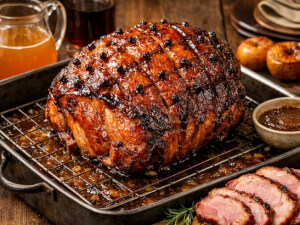 recipe for cider-soaked baked ham with honey-rum glaze