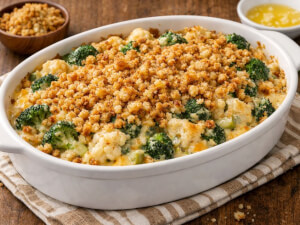 recipe for broccoli cauliflower bake with green chiles and monterey jack cheese