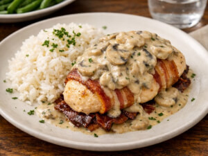 recipe for chicken and dried beef casserole with a mushroom sauce