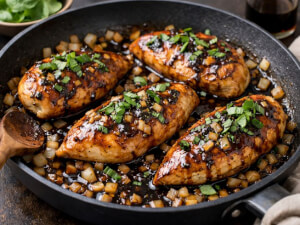 recipe for pan glazed balsamic honey chicken with basil