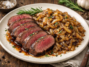recipe for seared venison backstrap with caramelized onions and rosemary