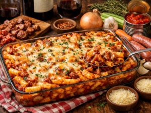 recipe for baked ziti with spicy pork and sausage ragu