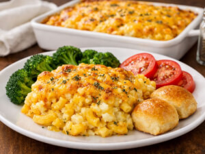 recipe for tasty macaroni, cheese, and mashed potato casserole