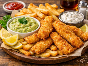 recipe for chris noth's fish and chips with chipotle avocado dip