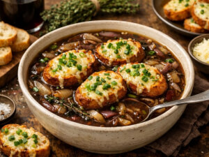 recipe for panera bread five onion soup with scallion and gruyere croutons