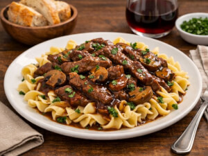 recipe for beef burgundy over noodles
