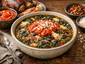 recipe for creole callaloo with roasted red pepper rouille