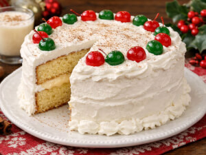 recipe for mrs. claus' eggnog cake with whipped cream frosting