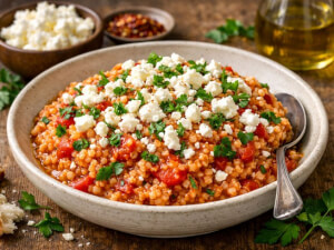 recipe for greek hondros - bulgur with onion, tomatoes and cheese