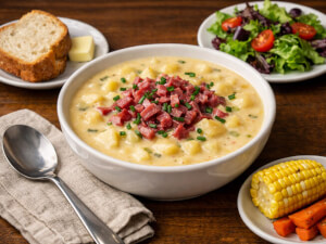 recipe for hearty potato soup with irish cheddar and corned beef