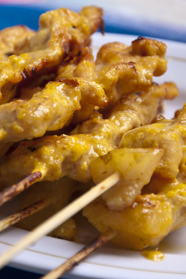 Yellow Curry Marinated Chicken Satay and Spicy Peanut Sauce Recipe