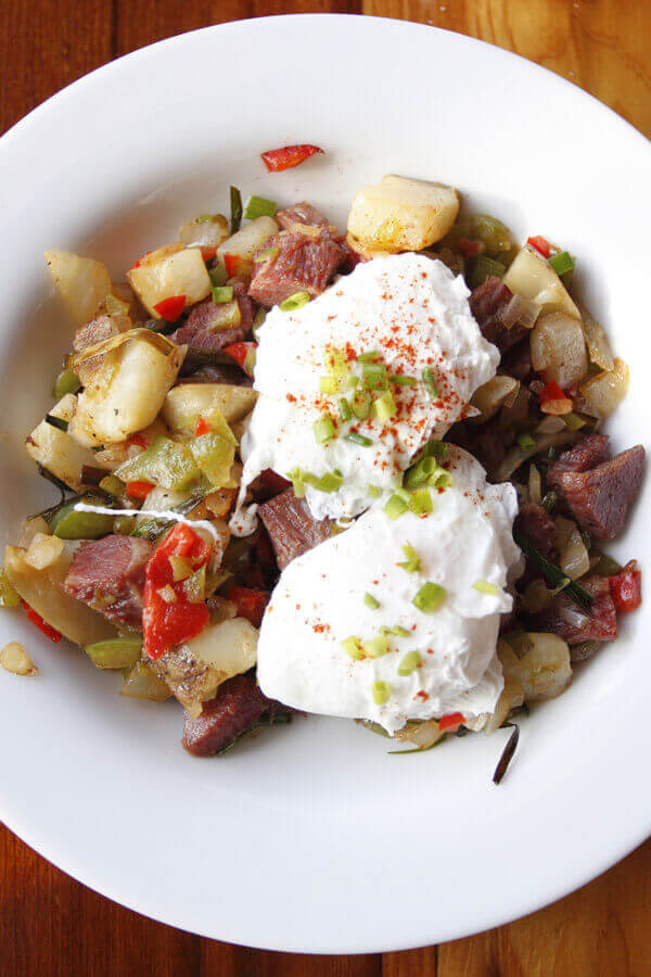 Skillet Corned Beef Hash With Poached Eggs Recipe