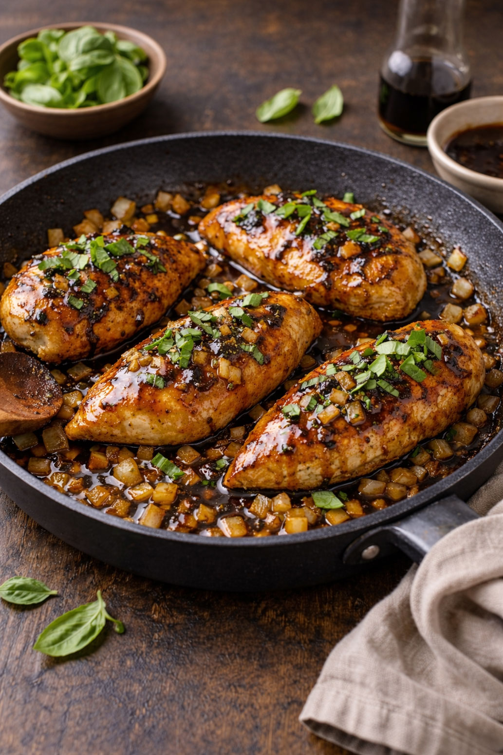 Pan Glazed Balsamic Honey Chicken With Basil Recipe