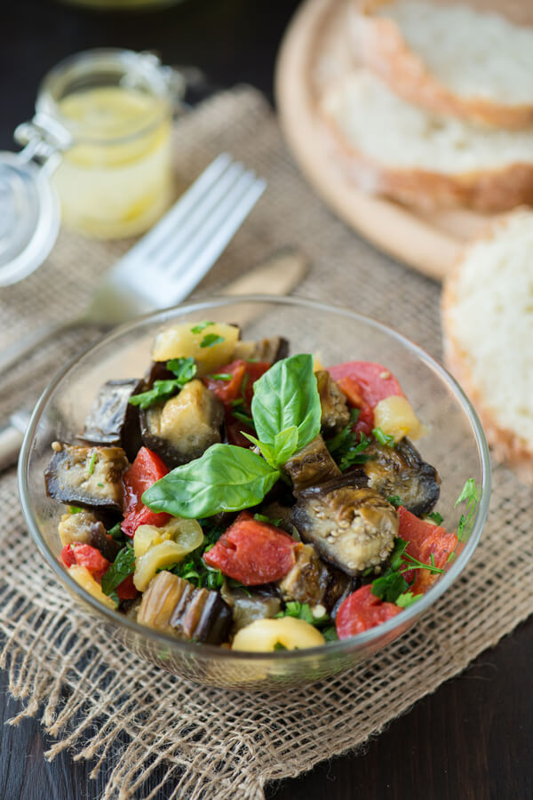 Dry Eggplant with Herbed Olive Oil and Tomatoes Recipe