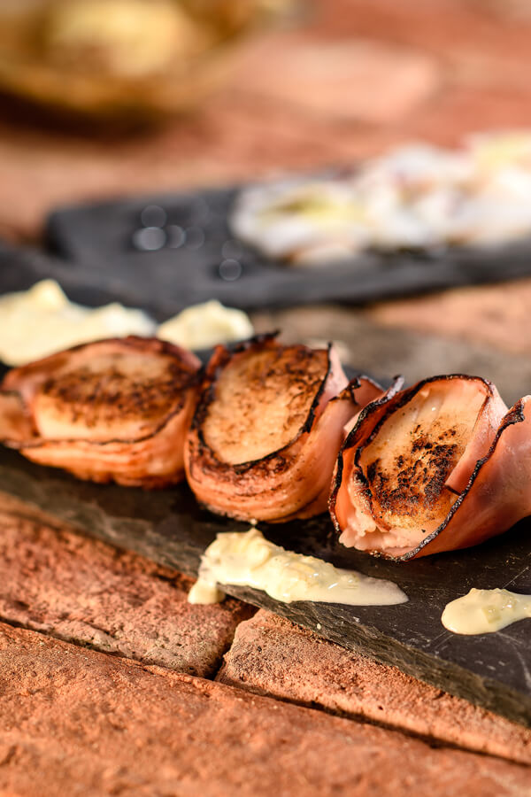Grilled Bacon Wrapped Scallops with Radicchio, Arugula, and Israeli Couscous Recipe