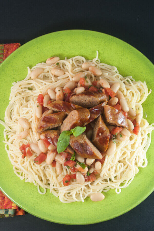 Grilled Turkey Sausage Pasta with Tomatoes and Cannellini