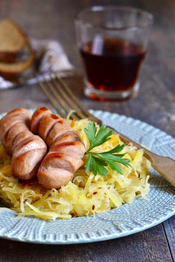 Sausages with Sweet and Sour Caraway Cabbage Recipe