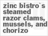 recipe for zinc bistro's steamed razor clams, mussels, and chorizo, potatoes and leeks with charred tomato broth and rouille crisps
