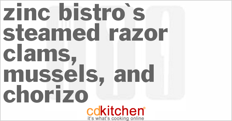 Zinc Bistro's Steamed Razor Clams, Mussels, and Chorizo, Potatoes And Leeks With Charred Tomato Broth and Rouille Crisps - CDKitchen.com